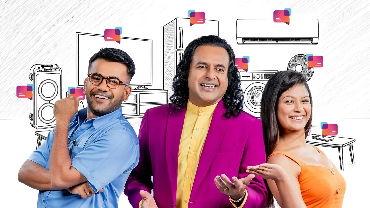 Abans Tiken Tika Pay campaign: three presenters in front of sketched home appliances