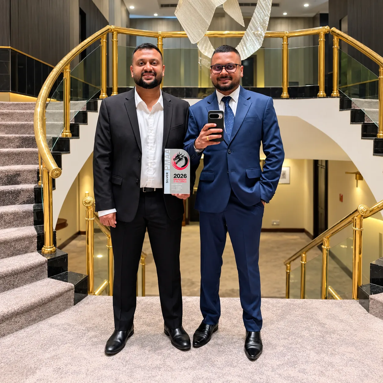 Two members of the Azbow team holding the PMAA Silver award at the Dragons of Sri Lanka 2026 ceremony